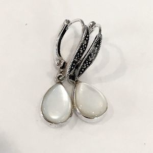 Vintage Sterling Silver Marcasite Mother of Pearl Drop Earrings